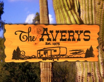 C-02 Custom personalized hand crafted deep carved western red cedar wood sign camper, RV, fifth wheel trailer, motor home, name, address