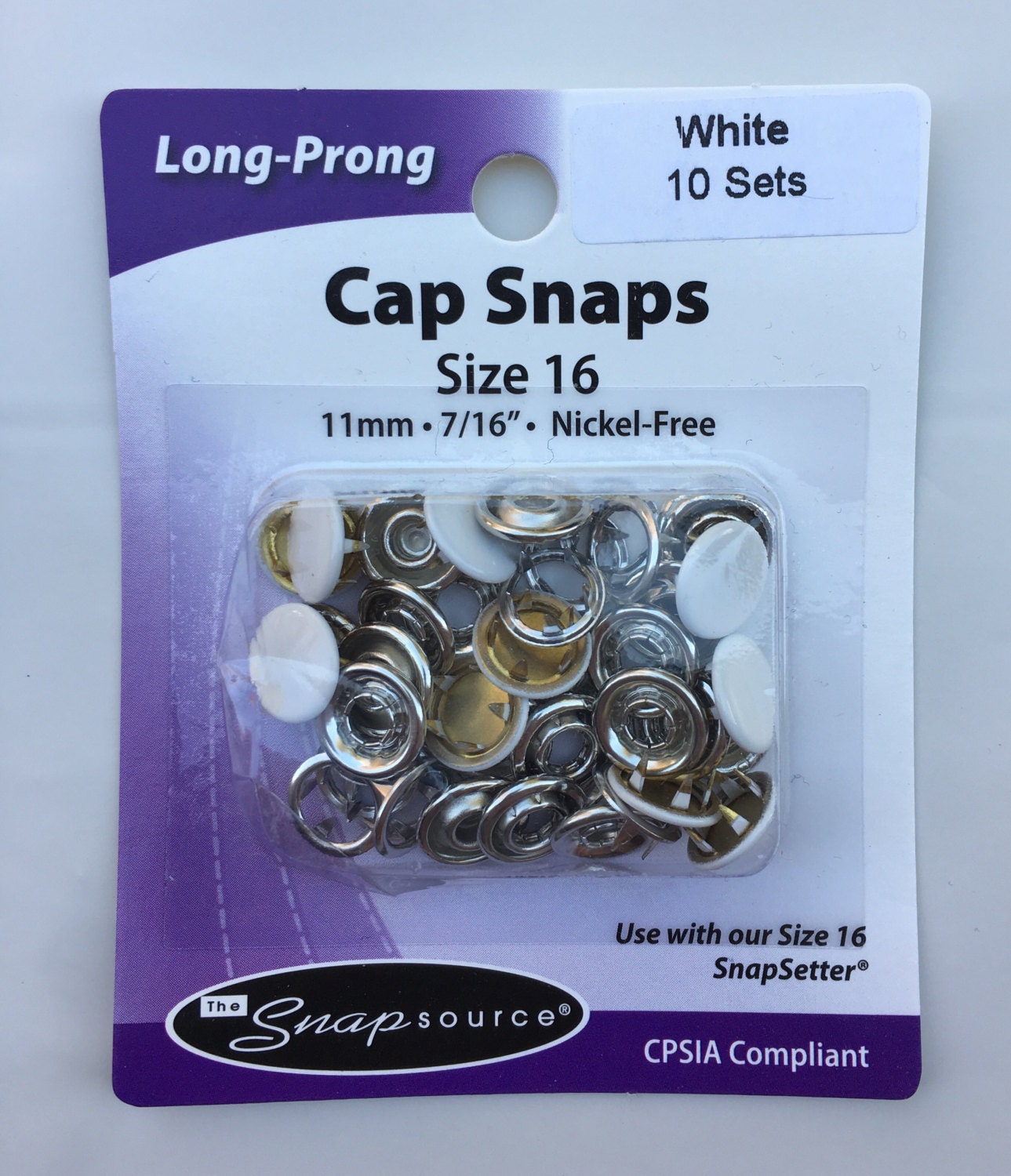 White SnapsSize 16 Set of 10 Snap Source Long Prong Cap