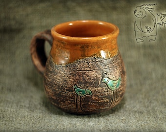 Pottery mug with Bird, 10 oz, Handmade ceramic, coffee cup, Gift teacup, wheel thrown mug, warming gift, handmade teacup, orange ceramics