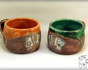 Ceramic mug with bear, Gift Pottery teacup, Orange mug, Green mug, Interesting gift, gift for him, Ceramic coffecup set, Decor house