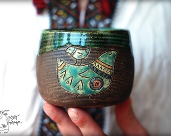 Pottery mug with Bird, 13 oz, Handmade ceramic, black green cup, Gift teacup, wheel thrown mug, warming gift, handmade teacup, gift for him