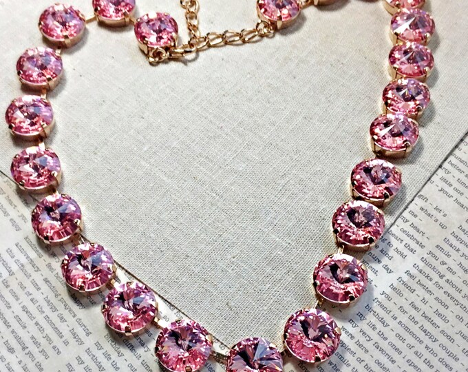 14mm large Swarovski crystals. Pink Valentine's day glamorous Swarovski crystal rivoli collar necklace in rose gold, perfect for layering.