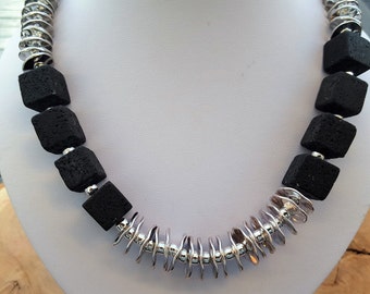 Necklace black lava with metal washers