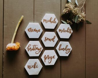 Hand Lettered White Grecian Tiles: Custom Wedding Name Cards