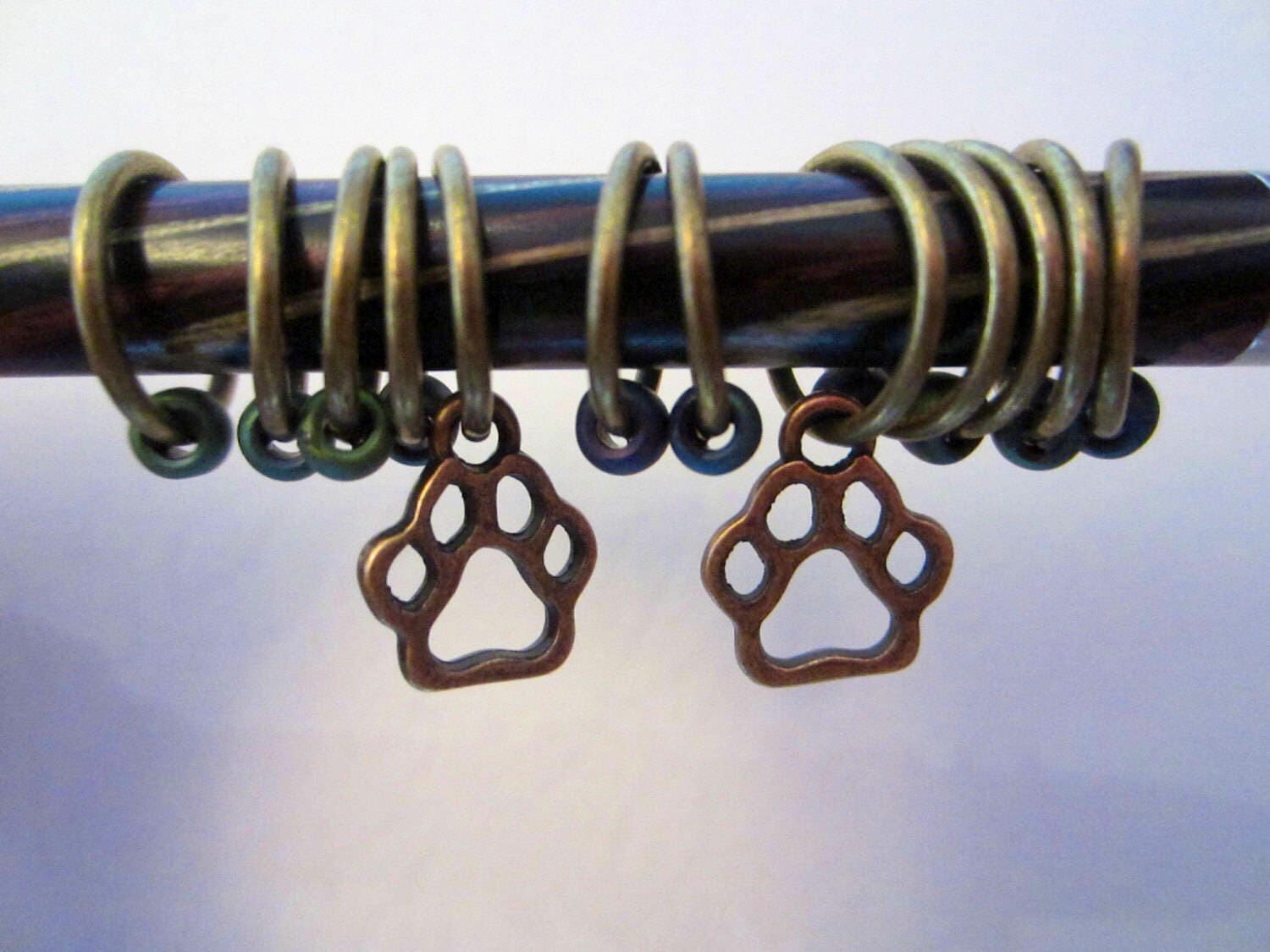 Paw Stitch Marker Bracelet Bronze Bangle w Paw Print Charm and Seed