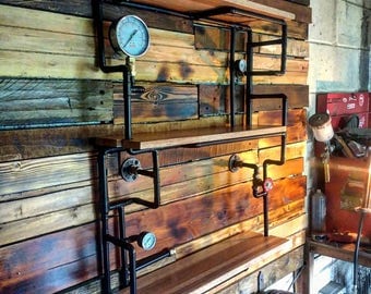 Retro Industrial Rustic Hardwood Shelves - steampunk wall art