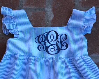 Monogram Blue Seersucker Dress,southern dress,seersucker dress,monogram dress,preppy dress,easter dress,summer dress,ruffle dress