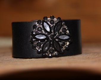 Leather Cuff Bracelet, Vintage Brooch Bracelet, Women's Bracelet, Vintage Bracelet