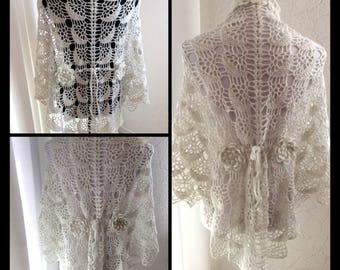 Wedding Shawl, crochet, half moons, white, lace, button fly, flowers, bolero, jacket, vest.