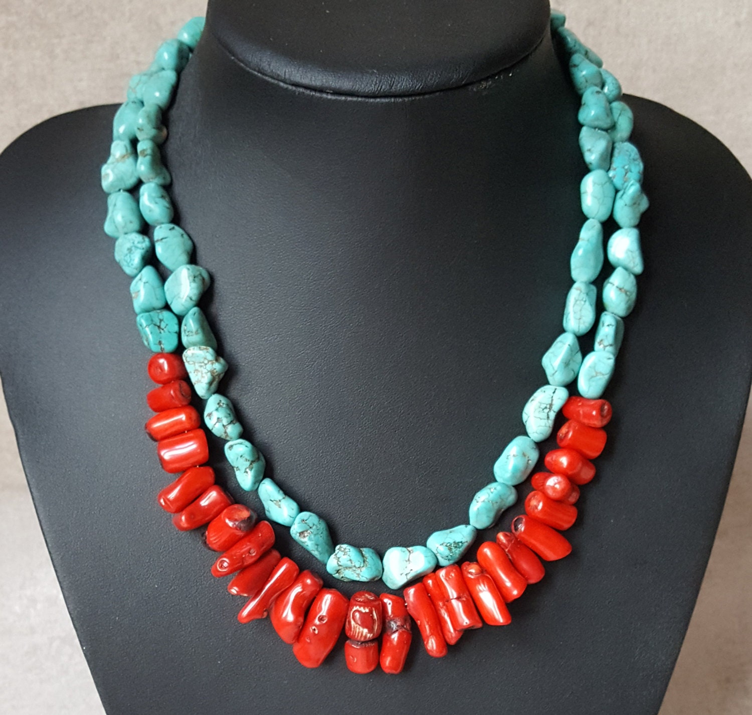2 Strands Freeform Turquoise Red Long Coral Necklace