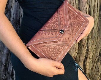 Brown leather clutch tooled wallet gift idea bohemian clutch 9"x5"
