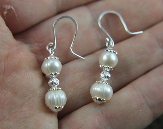 White Pearl and Silver Dangle Earrings, Sterling Silver French Hook Ear Wires, Bridal Jewelry, Bridesmaid Earrings, Beaded Wedding Accessory