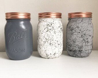 Set of 3 Grey and white Marble Mason jars