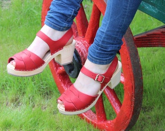Swedish Clogs Peep Toe Red Leather by Lotta from Stockholm / Wooden Clogs / Summer Sandals / High Heel / Made in Sweden / Open / Shoes