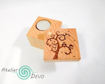 Birds in love, tree, square wooden candle holder with lid, tea light candle, sliding lid, natural oil finished, home, gift, woodburning