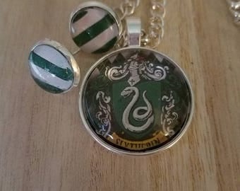 Slytherin jewelry set, Harry Potter jewelry, Slytherin necklace, stainless steel earrings, harry potter gift
