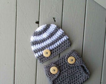 Baby Crochet Hat and Diaper Cover Costume Newborn Boy Photo Prop Newborn Photography Outfit White Dark Grey Baby Photo Outfit