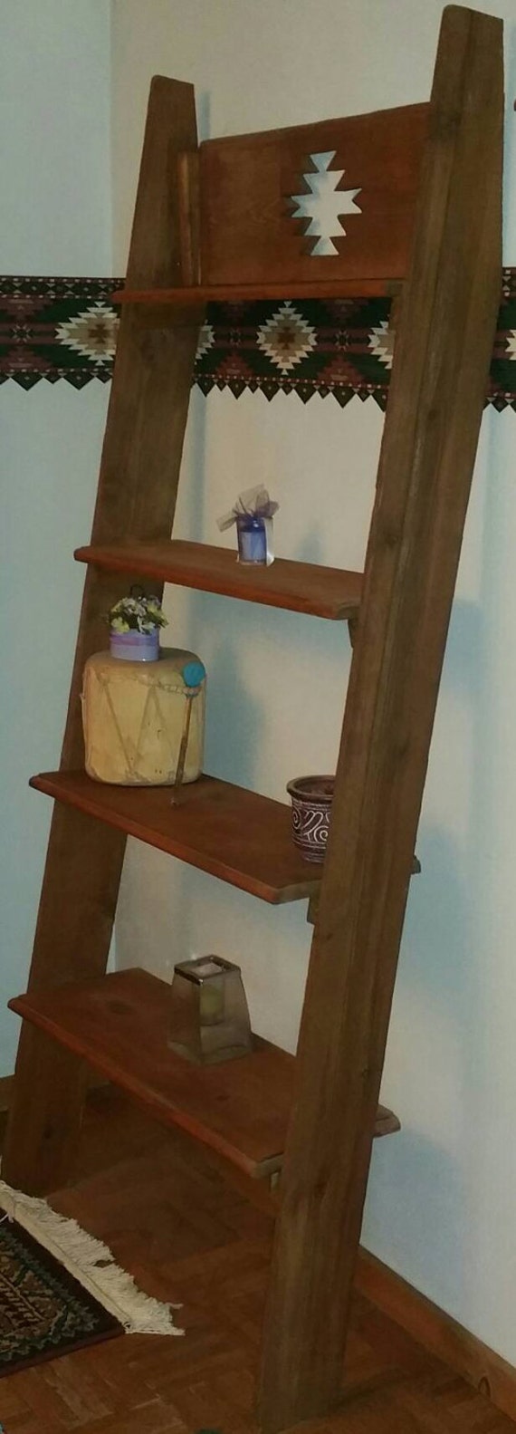 Rustic leaning bookshelf shelving unit wooden reclaimed