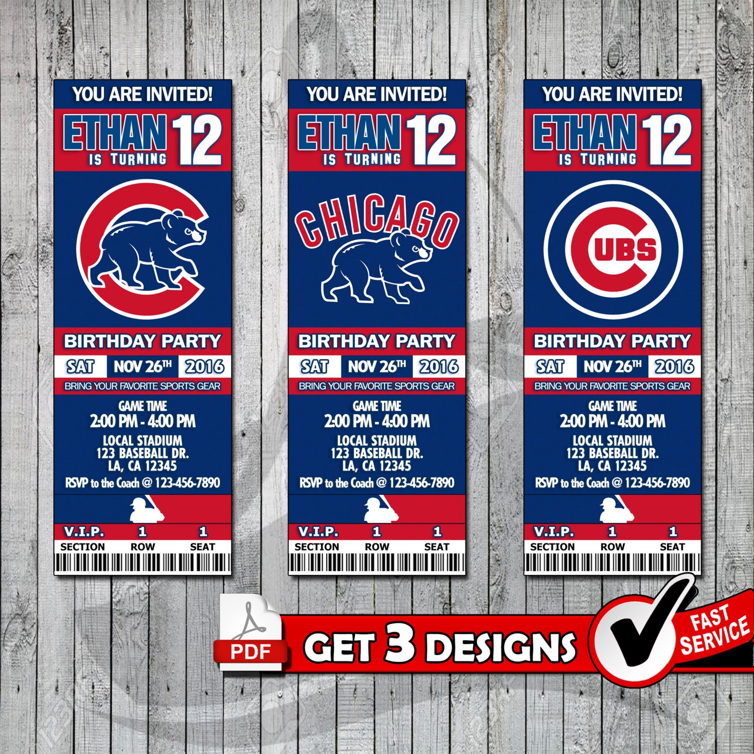 Baseball Chicago Cubs Printable Invitation Tickets Digital