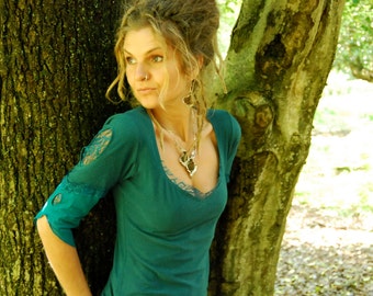 Teal top for women, Turquoise clothing, Boho blouse, Fantasy clothes, Festival shirt for her, Hippie fashion, Feminine wear, Tribal Chic