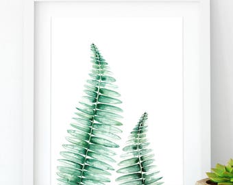 Fern wall print illustration in green watercolor, Botanical fern wall art poster, Fern illustration botanical art prints, Fern botanical