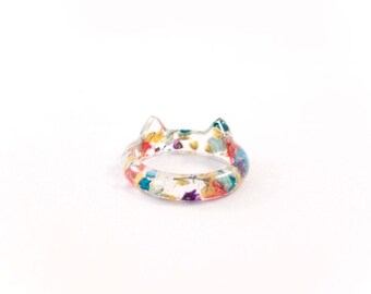 Flower Power Cat, resin ring with flowers, epoxy ring, flower ring, multicolor, unique gift, wedding ring, personalised ring, MukWuk, cool