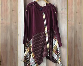 Burgundy Plaid Funky Tunic, Upcycled Clothing, Refashioned Clothing, Flowy Tunic, Artsy Tunic, Lagenlook tunic, Women's Upcycled Clothes