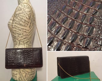 Vintage 1980s Pierre Cardin Brown Glossy Moc Croc Evening Handbag