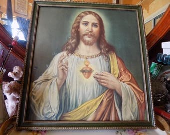 Fantastic old Jesus Sacred Heart print in a beautiful wooden frame
