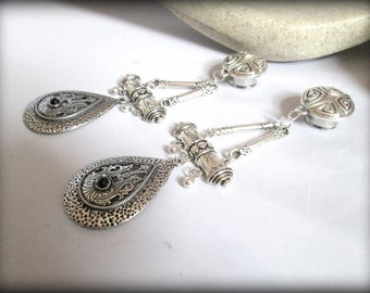Dangle ear plugs-long guages earring-bohemian ear plugs-boho ear weights-turkish ear plugs-coin ear tunnels,double flared ear plugs