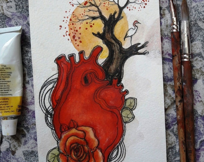 Surreal heart illustration, ORIGINAL painting by TATIANA BOIKO natural heart painting, crane, wall art, wall haning, wall decor, art card