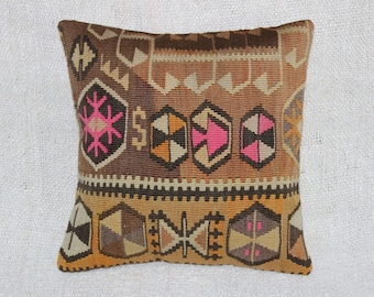 Pink Kilim Pillow Cover,Ethnic Pillow,Tribal Pillow,Bohemian Pillow,16"x16"inches,40x40 cm