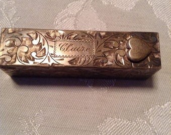 Vintage Sterling Silver Engraved Raised Heart Lipstick Holder With Mirror