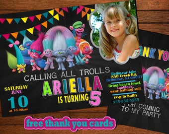 Trolls Invitation, Trolls Birthday Invitation ,Trolls Party Invitation,Trolls Invitations , DreamWorks, Poppy, FreeT hank You Cards
