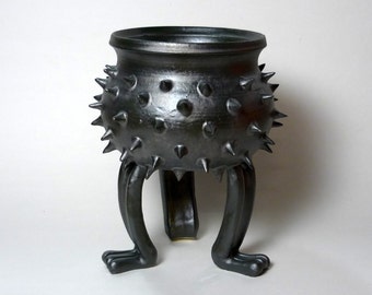 Ceramic Succulent Planter - Ceramic Planter - Black Grouchy Planter Pot with Spikes and Sculpted Feet
