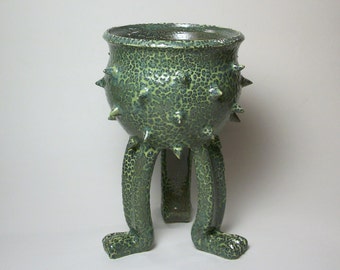 Ceramic Plant Pot - Ceramic planter - Succulent planter - Grouchy Pot - Chunky Reptile Glaze - Planter Pot with Sculpted Feet and Spikes