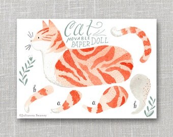 Cat Articulated Paper Doll, Illustrated Print, Puppet, Craft, Decoration, Scrapbooking