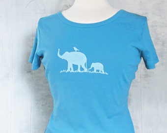 Womens Graphic Tee - Organic Cotton T Shirt - Blue T Shirt - Elephant Family T Shirt Art- Womens Tee Shirt- Organic Cotton Clothing