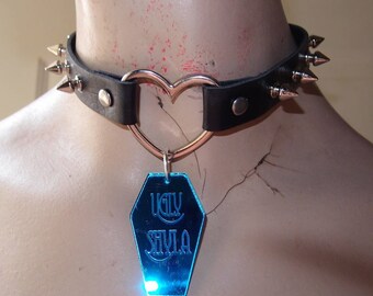 Black Spiked Heart O-Ring Vegan Leather Collar with Blue Mirrored Coffin Charm by Ugly Shyla - Oring - studded - grunge - nugoth - witch