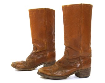 70s FRYE Campus Boots / Vintage 1970s Knee High Tall Distressed Brown Leather Western / Motorcycle Boots / Men's Size 11.5 D / Women's 13