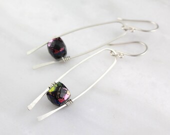 Mystic Black Spinel Cube Horseshoe Silver Earrings