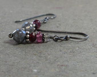 Mystic Labradorite Earrings Pink Tourmaline Oxidized Sterling Silver Earrings Gemstone Stack Gift for Her