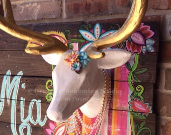 Faux Taxidermy, Deer Head Wall Mount, Boho Tribal Nursery, Monogrammed Floral Stripes on Reclaimed Pallet Wood for pre teen, children, girly