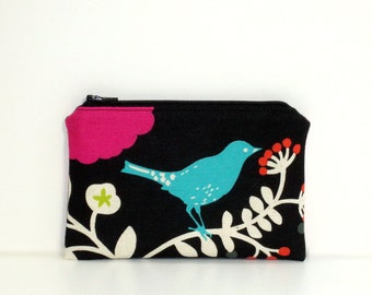 Small Zippered Notions Pouch - Madrigal with blue bird, Japanese fabric