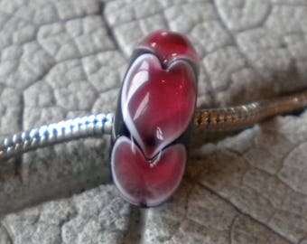 Pink Hearts BHB Lampwork Beads by Cherie Sra R114 Big Hole Bead Black White Pink Hearts Flameworked Bead 5mm hole Love Big Hole bead Pink