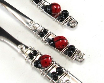 Appetizer Fork, Spoon, and Knife/Set of 3 Beaded Knife Fork and Spoon/Beaded Hors'dourve Utensils/