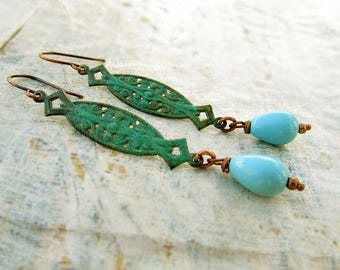 Turquoise earrings - Patina dangle earrings - rustic jewelry - boho bohemian jewelry