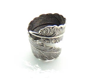 SILVER RING - Silver Open Feather Ring - Antique Silver Wrap Ring Boho Gypsy Adjustable Statement Ring (RE-1)