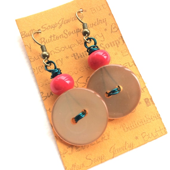Jazzy Orange Button Earrings with Teal and Coral