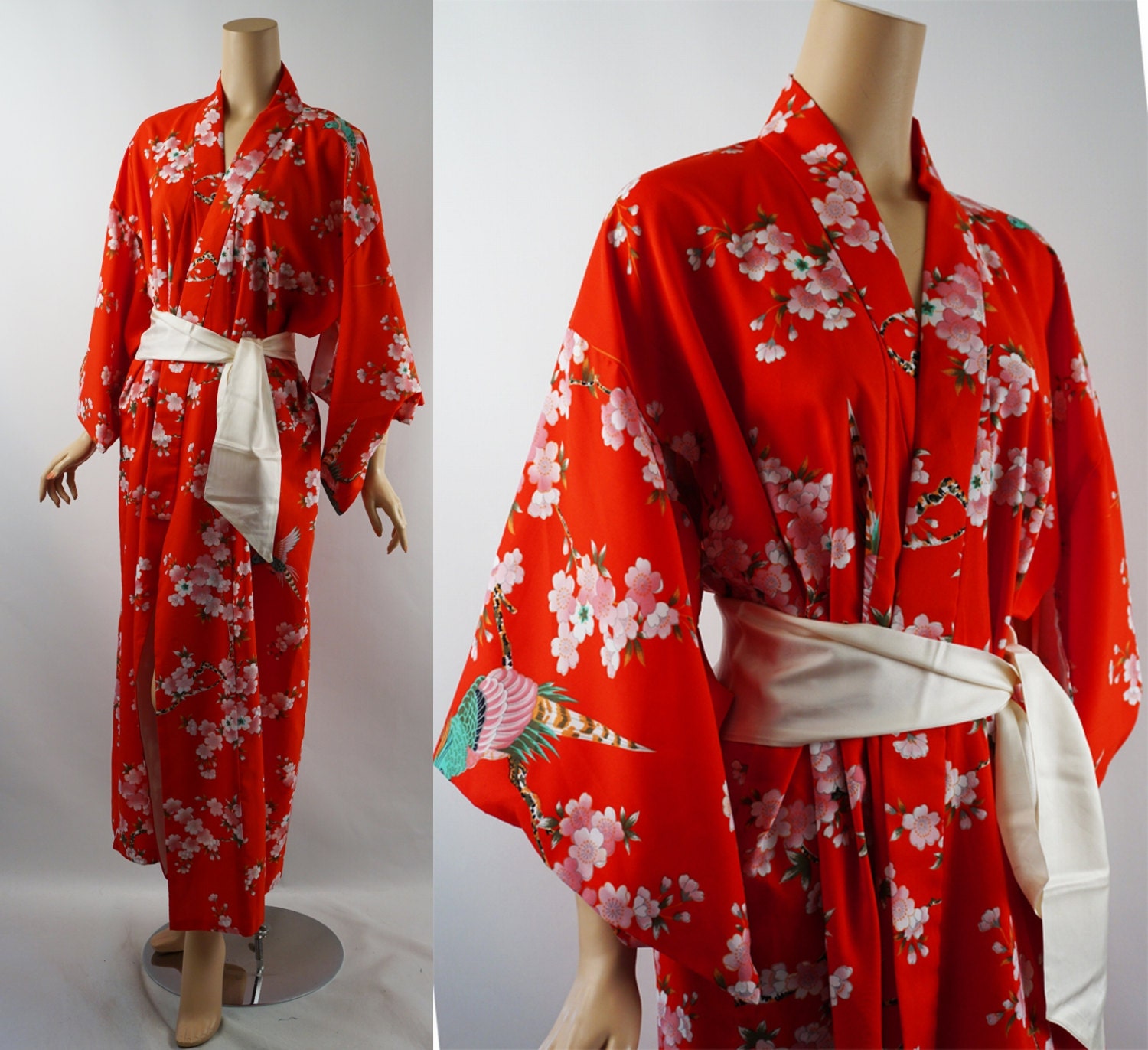 Japanese Kimono Robe Bright Red Floral